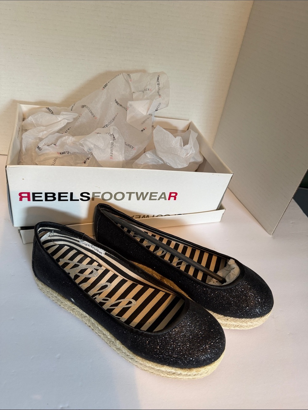 rebels Black Glitter Espadrille Flats with Jute Sole